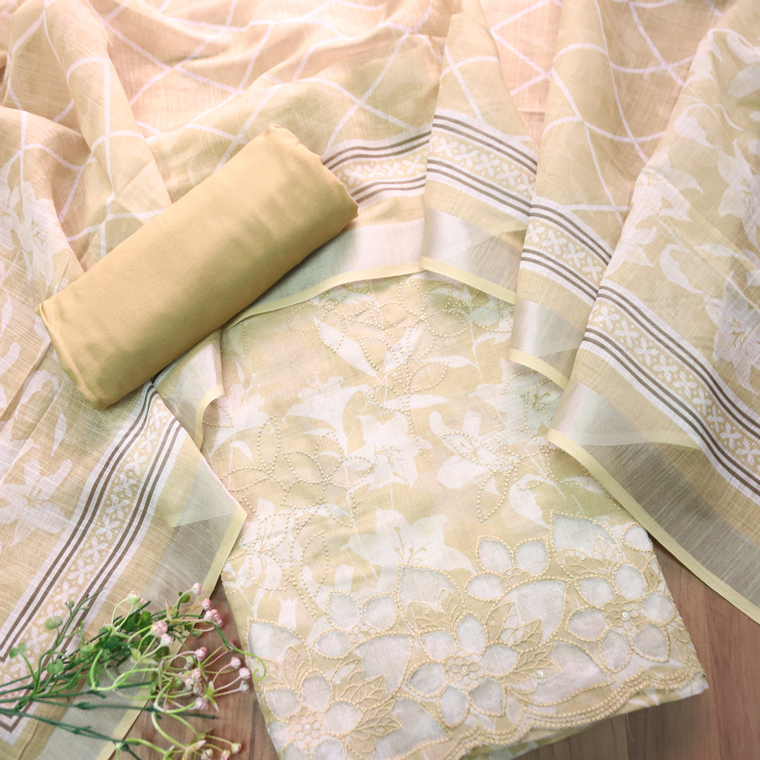 Muskan Sand Yellow Floral Printed Cut Work Hem Cotton Linen Set