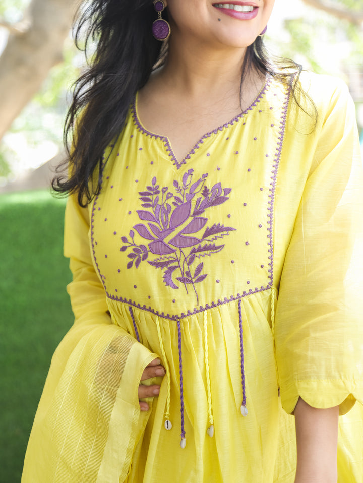Diana Butter Yellow Applique Mul Chanderi 3 Piece Set