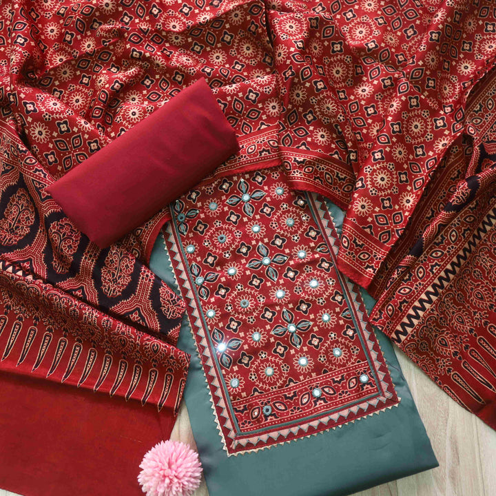 Anokhi Fern Green Glazed Cotton Top and Digital Printed Mashru Dupatta