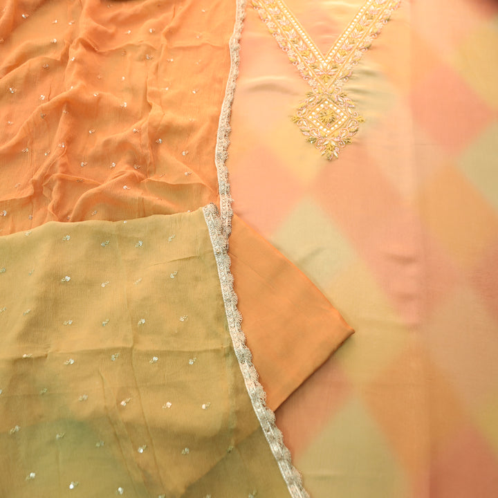 Roohi Pumpkin Orange with Embellish V Neck Work in Shimmer Tissue Silk Set