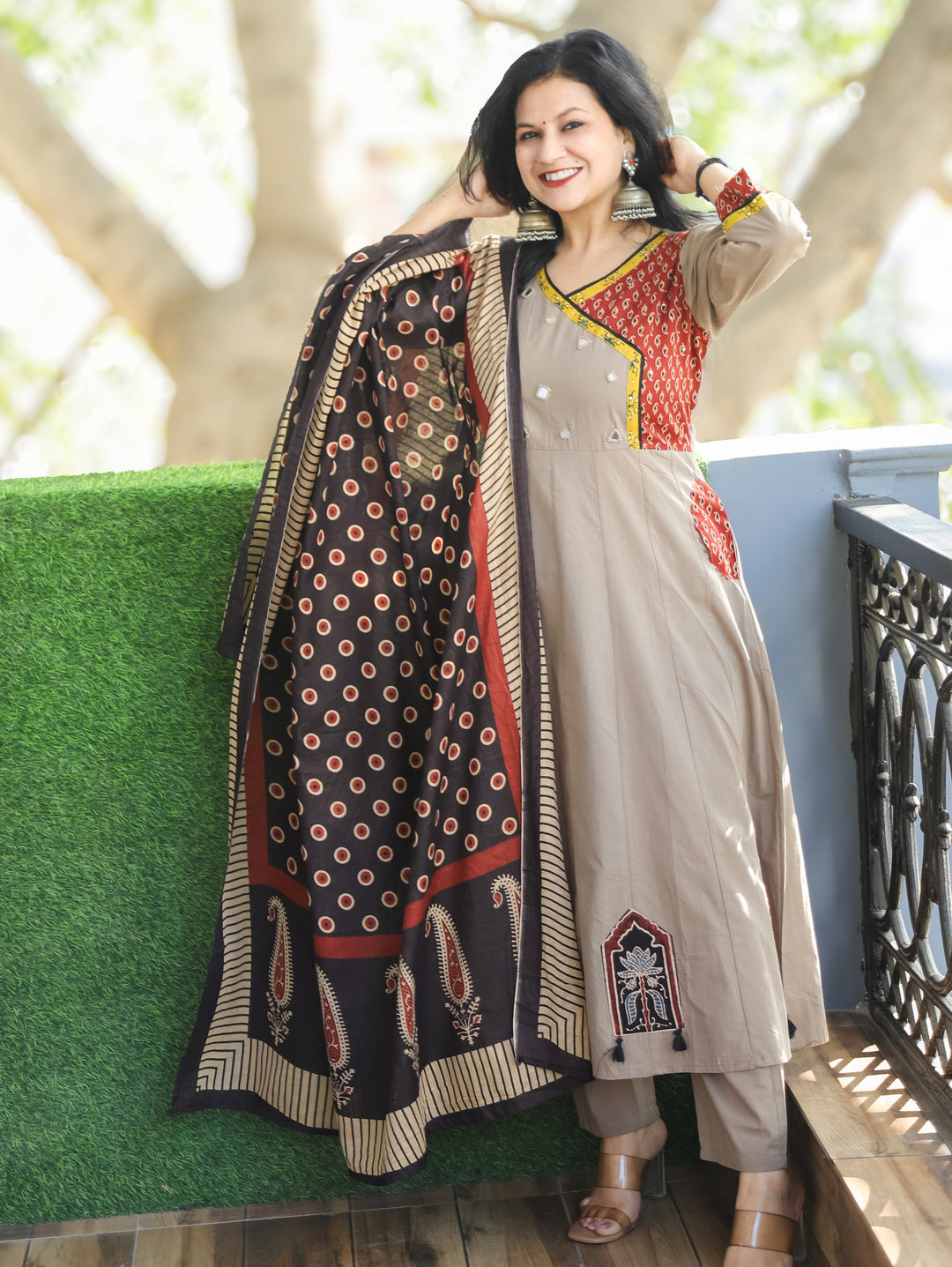 Sharvari Tan Hazel Ajrak Yoke with Mirror Angrakha Style Anarkali Cotton 3 Piece with Pocket