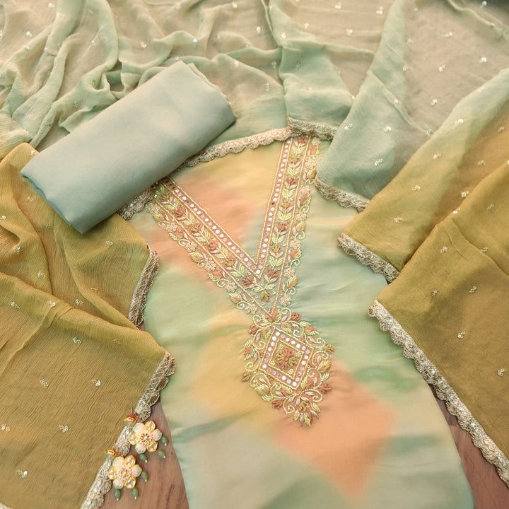Roohi Fossil Grey with Embellish V Neck Work in Shimmer Tissue Silk Set