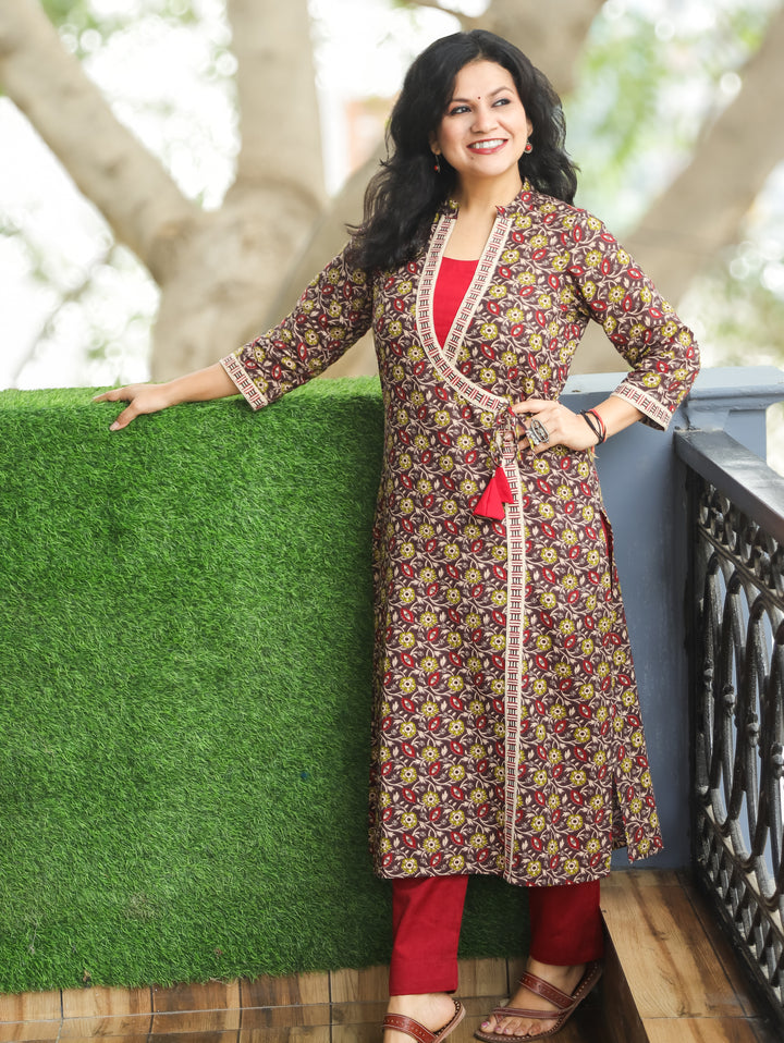 Malini Frappe Brown Angrakha Neck with Knot Kalamkari Print Cotton Kurti