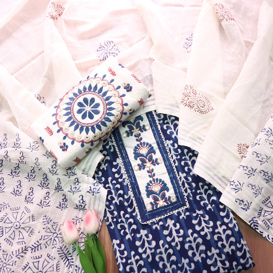 Ridhima Indigo Blue Kutch Mirror Dabu Printed Cotton Set D5
