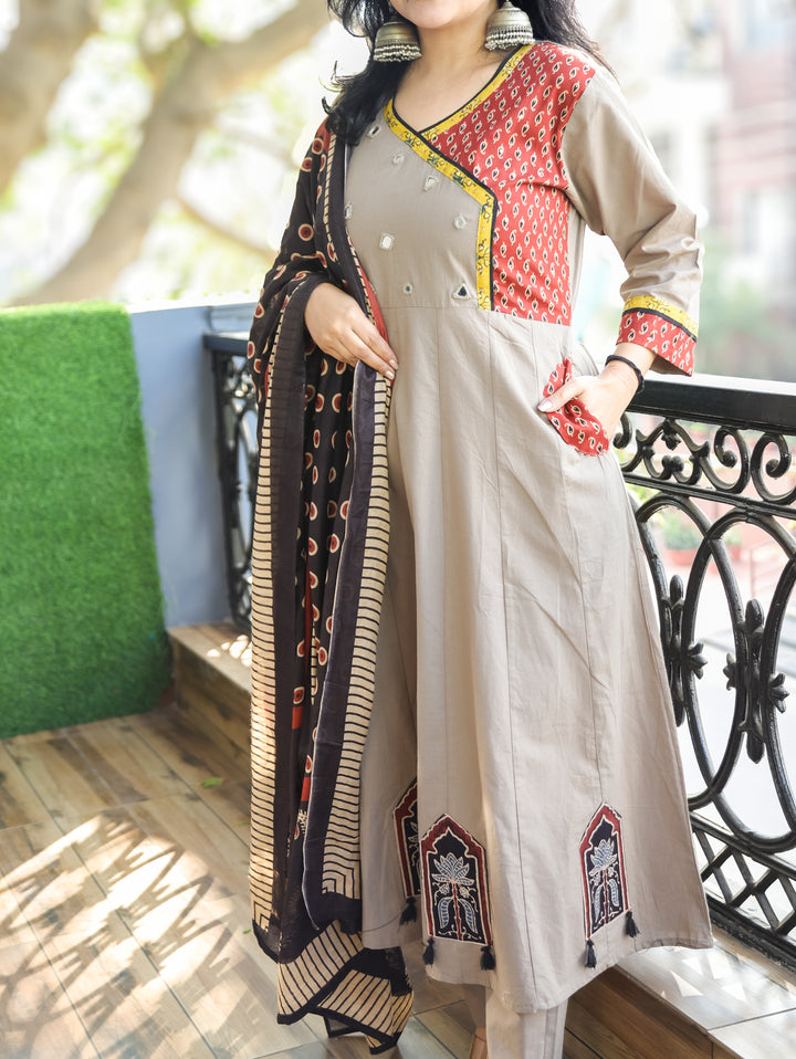 Sharvari Tan Hazel Ajrak Yoke with Mirror Angrakha Style Anarkali Cotton 3 Piece with Pocket