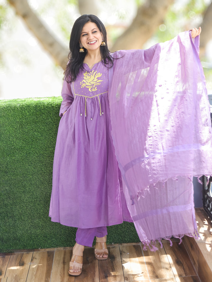 Diana Lavender Applique Mul Chanderi 3 Piece Set