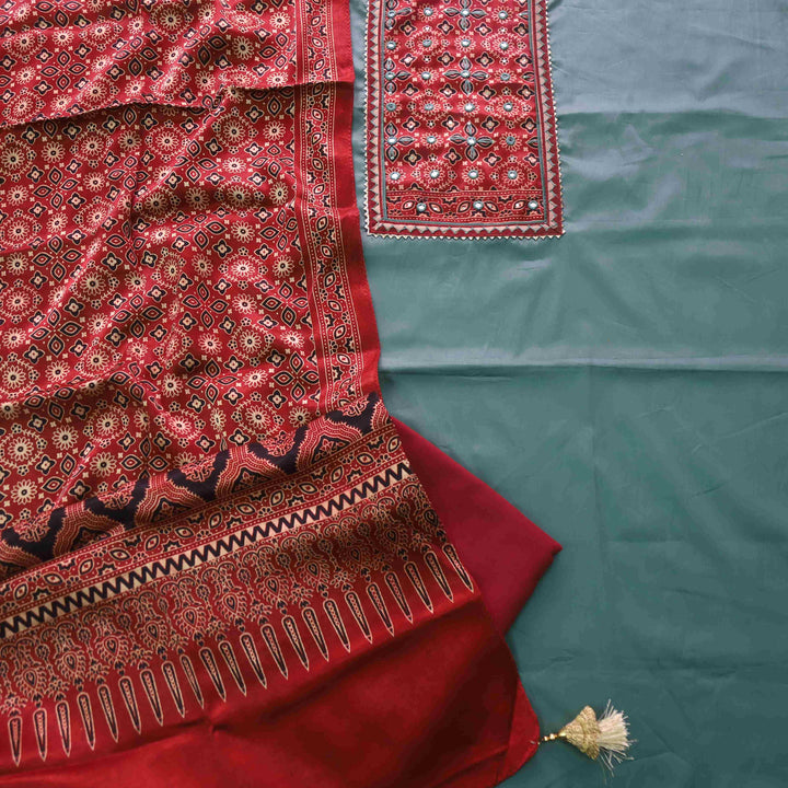 Anokhi Fern Green Glazed Cotton Top and Digital Printed Mashru Dupatta