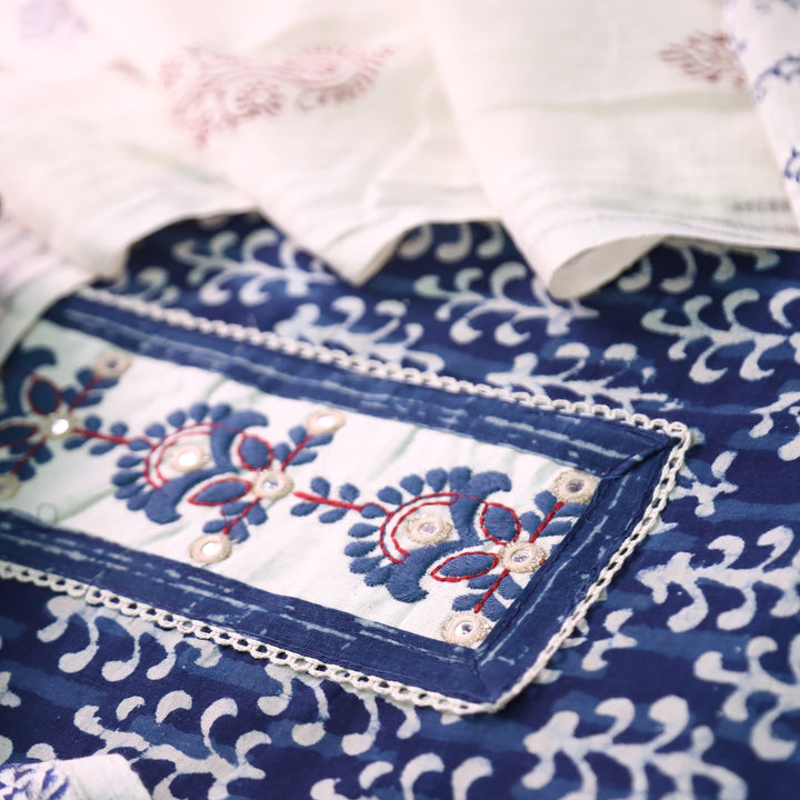 Ridhima Indigo Blue Kutch Mirror Dabu Printed Cotton Set D5