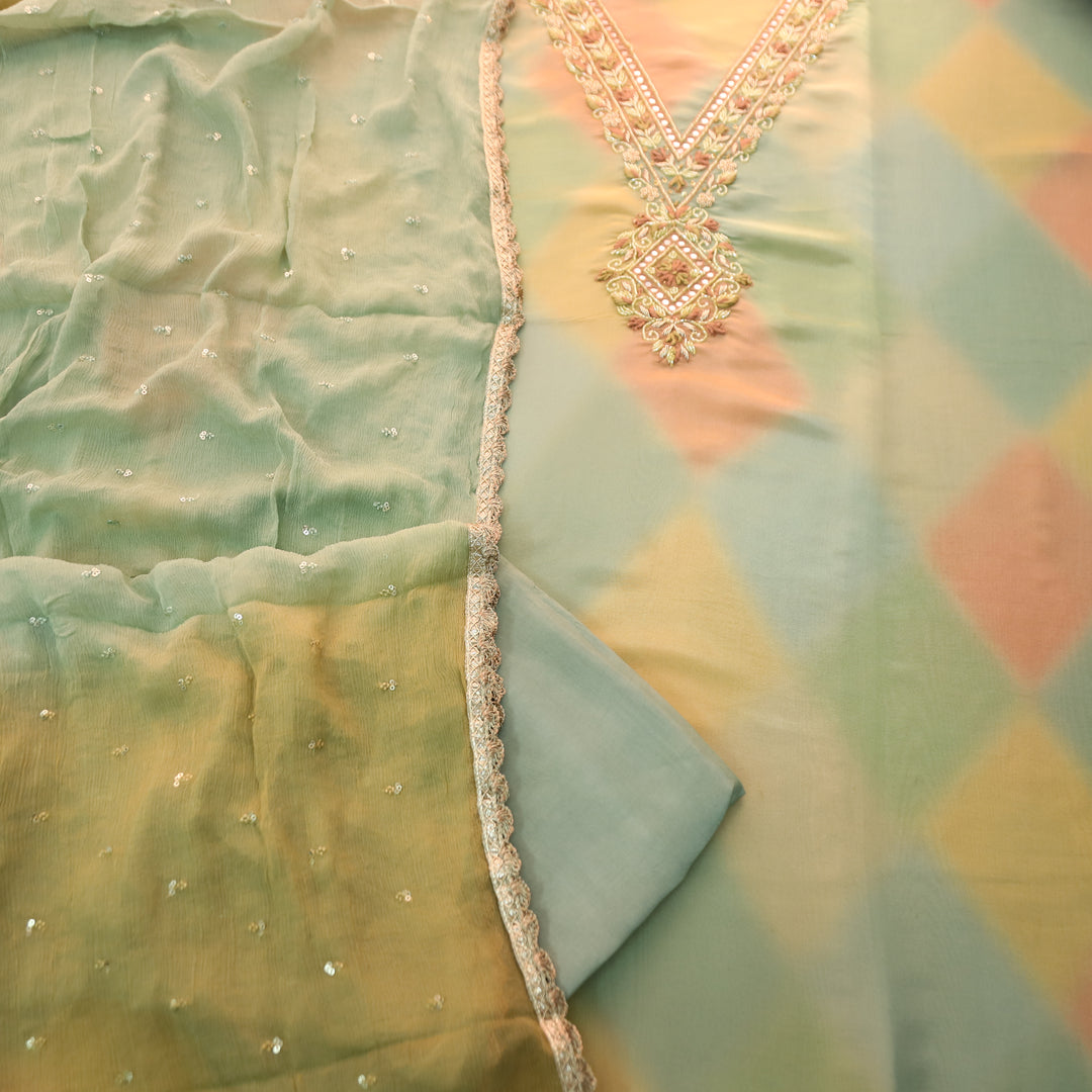 Roohi Fossil Grey with Embellish V Neck Work in Shimmer Tissue Silk Set