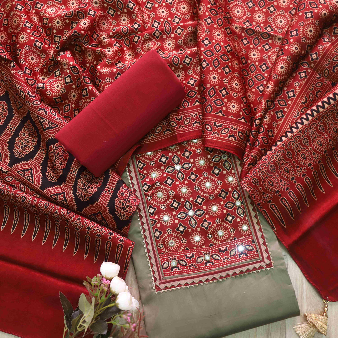 Anokhi Latte Beige Glazed Cotton Top and Digital Printed Mashru Dupatta