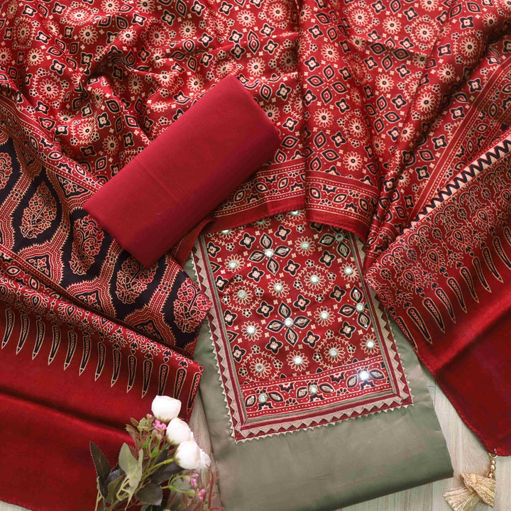Anokhi Latte Beige Glazed Cotton Top and Digital Printed Mashru Dupatta