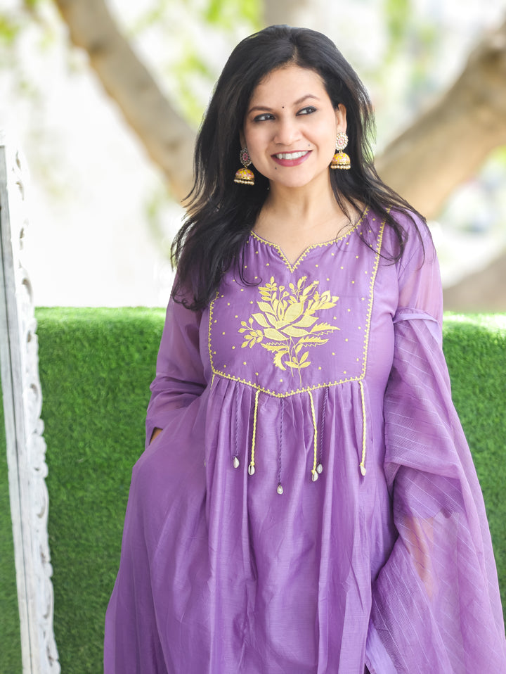 Diana Lavender Applique Mul Chanderi 3 Piece Set