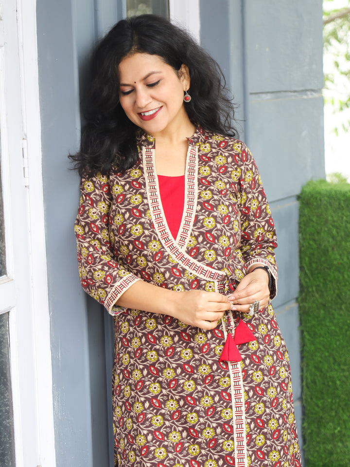 Malini Frappe Brown Angrakha Neck with Knot Kalamkari Print Cotton Kurti