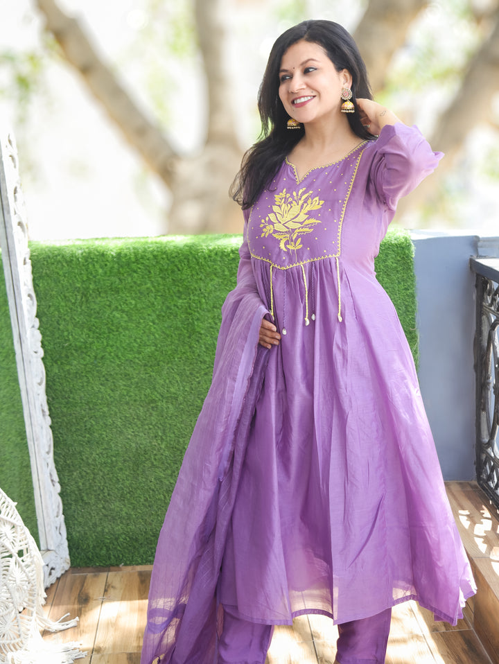 Diana Lavender Applique Mul Chanderi 3 Piece Set
