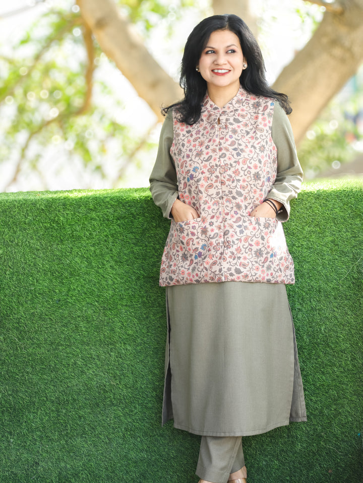 Saanvi Beige with Hazel Kanni Printed Semi Pashmina Jacket with Pocket