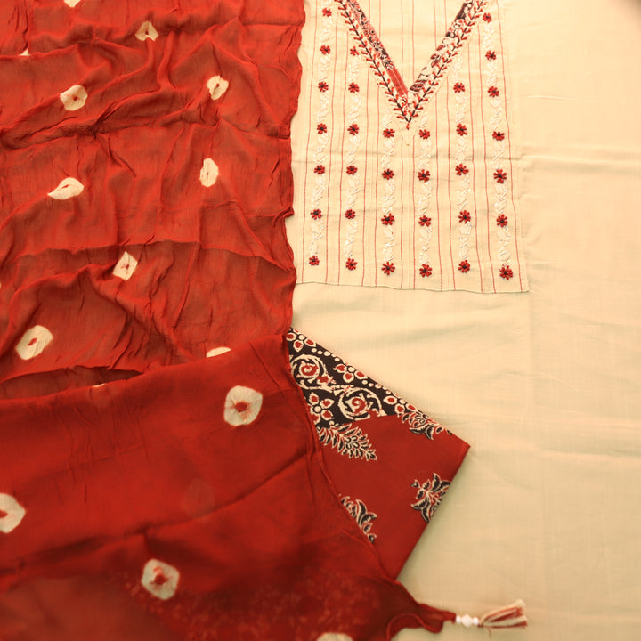 Neelbari Skin Beige V Neck French Knot Neck Work with Pintuck Detailing Cotton Set