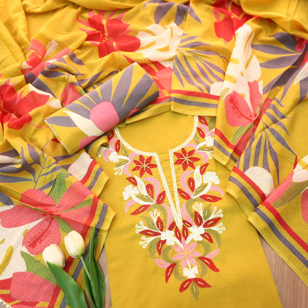 Roohi Mustard Yellow Thread Embroidered Neck with Moti Work Cotton Suit Set