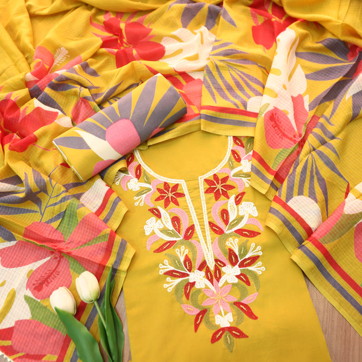 Roohi Mustard Yellow Thread Embroidered Neck with Moti Work Cotton Suit Set