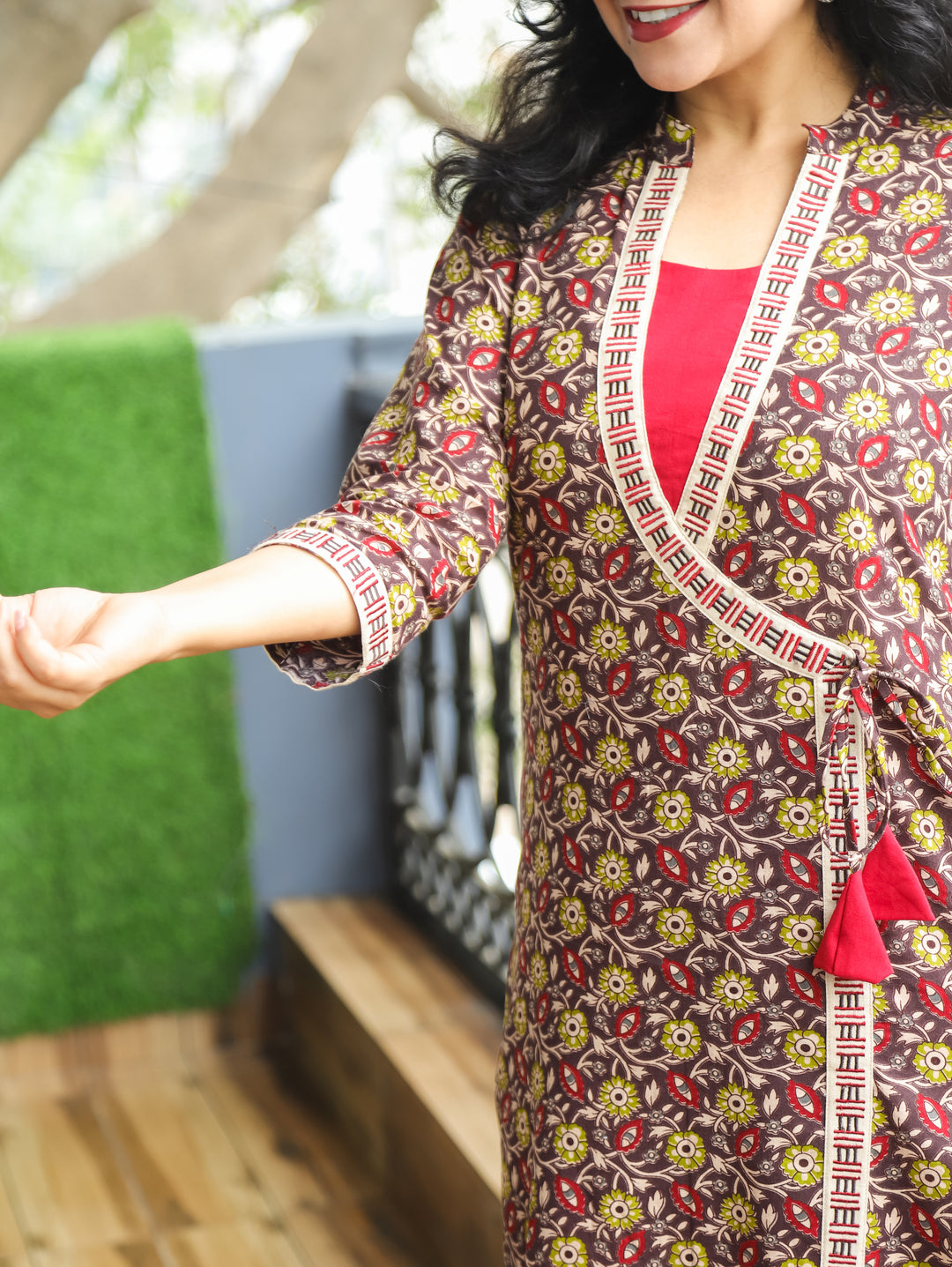 Malini Frappe Brown Angrakha Neck with Knot Kalamkari Print Cotton Kurti