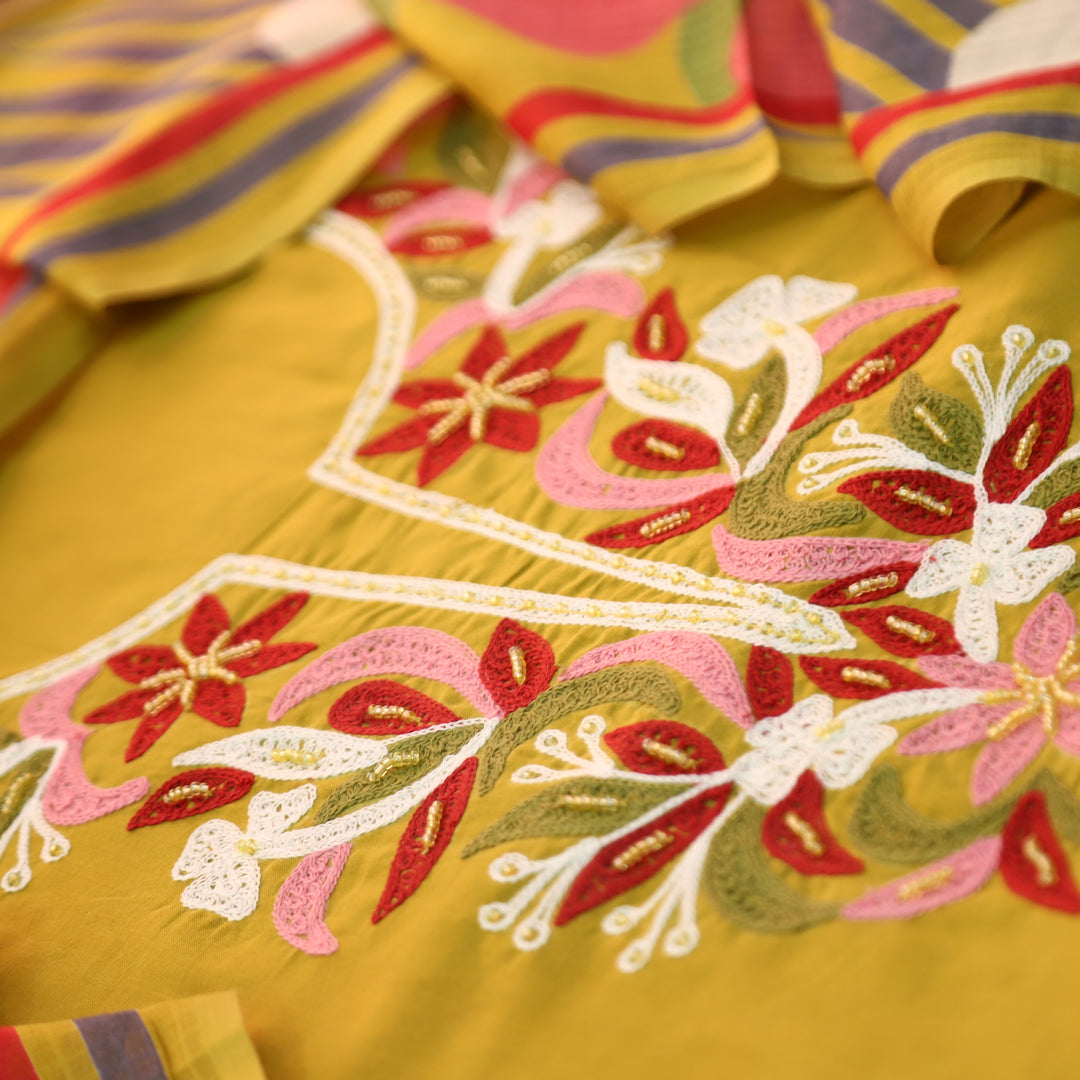 Roohi Mustard Yellow Thread Embroidered Neck with Moti Work Cotton Suit Set