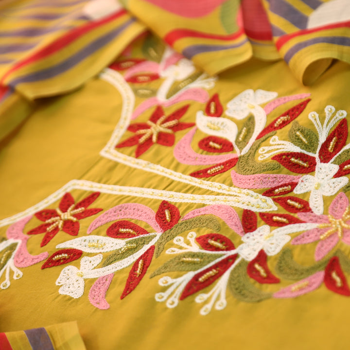 Roohi Mustard Yellow Thread Embroidered Neck with Moti Work Cotton Suit Set