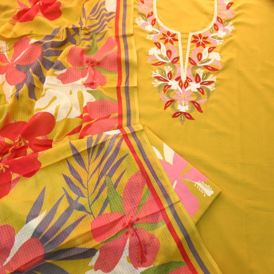 Roohi Mustard Yellow Thread Embroidered Neck with Moti Work Cotton Suit Set
