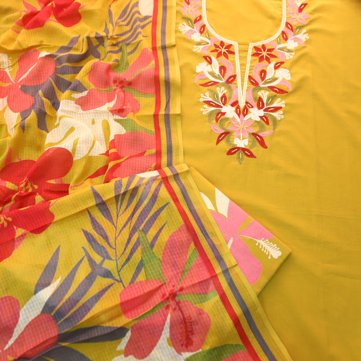 Roohi Mustard Yellow Thread Embroidered Neck with Moti Work Cotton Suit Set