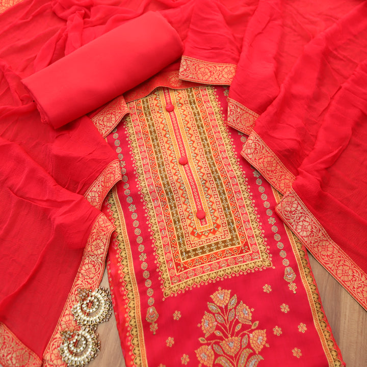 Musavvir Hot Rani Pink Button Neck with All Over Zari Weaved and Hem Dola Silk Suit Set