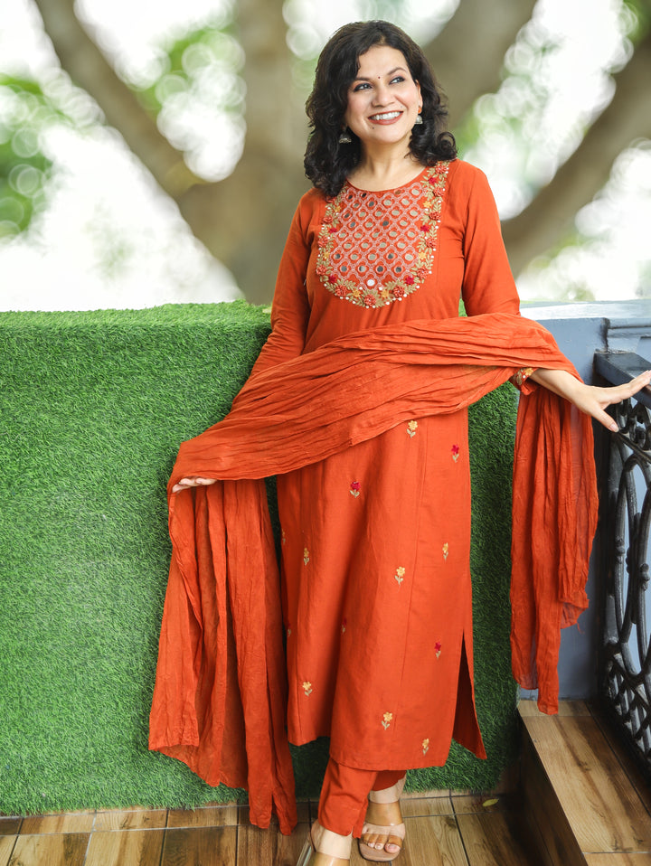 Kaveri Burnt Rust Mirror Work Yoke Cotton 3 Piece Set