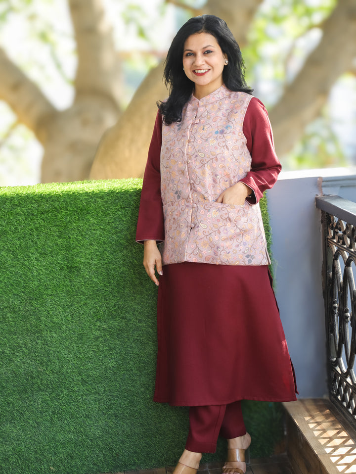 Saanvi Soft Lilac Kanni Printed Semi Pashmina Jacket with Pocket