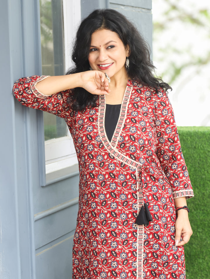 Malini Cheryy Red Angrakha Neck with Knot Kalamkari Print Cotton Kurti