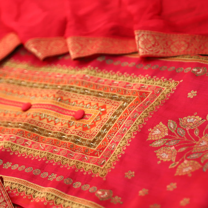 Musavvir Hot Rani Pink Button Neck with All Over Zari Weaved and Hem Dola Silk Suit Set