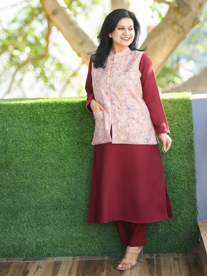 Saanvi Soft Lilac Kanni Printed Semi Pashmina Jacket with Pocket