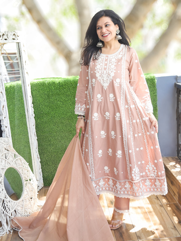 Lyra Toffee Tan Chikankari Anarkali 3 Piece Set