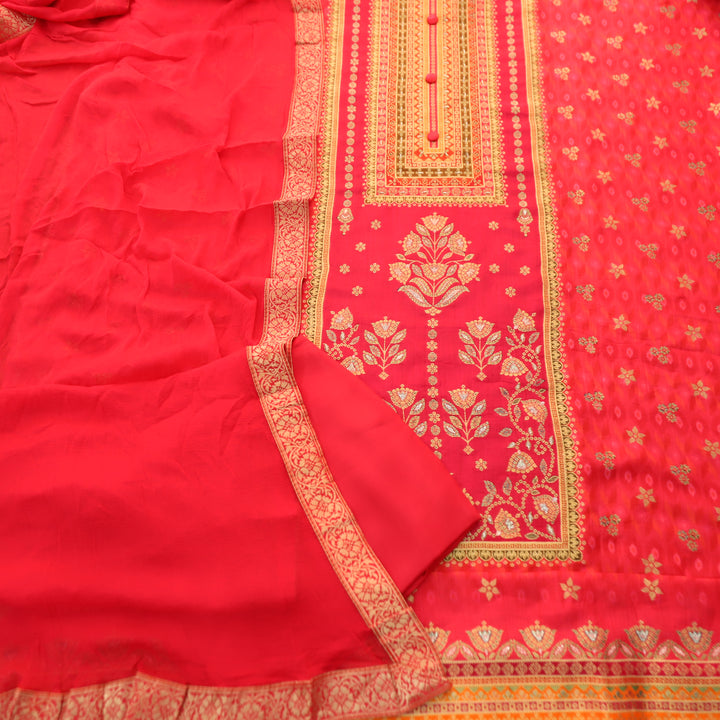 Musavvir Hot Rani Pink Button Neck with All Over Zari Weaved and Hem Dola Silk Suit Set