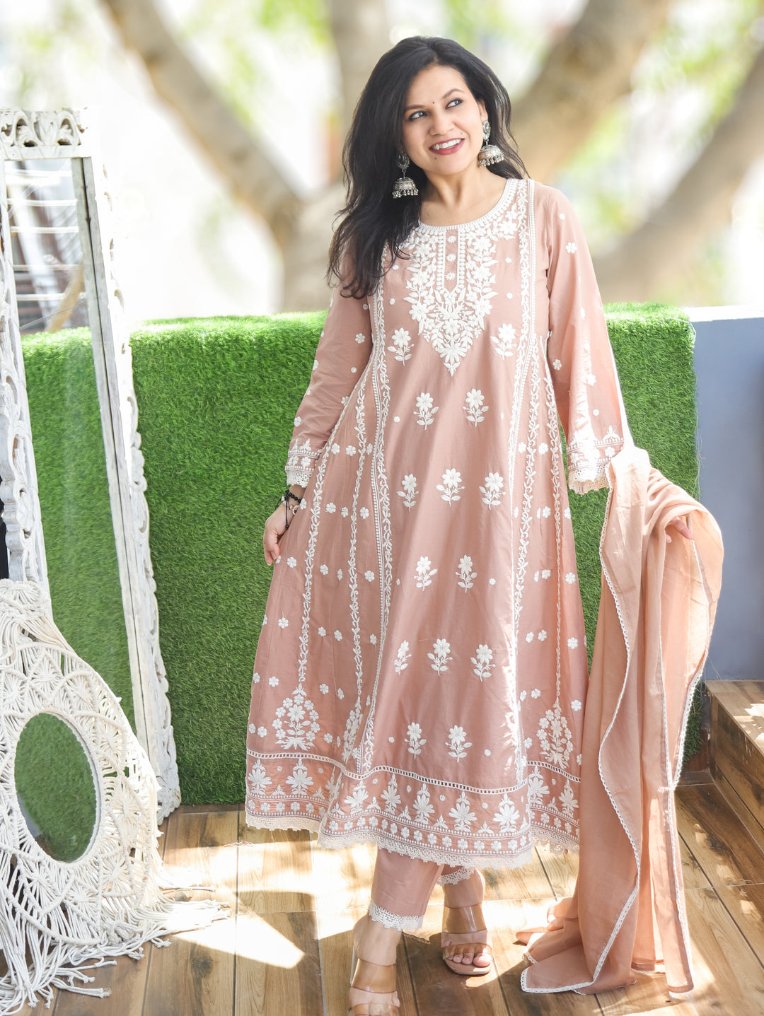 Lyra Toffee Tan Chikankari Anarkali 3 Piece Set