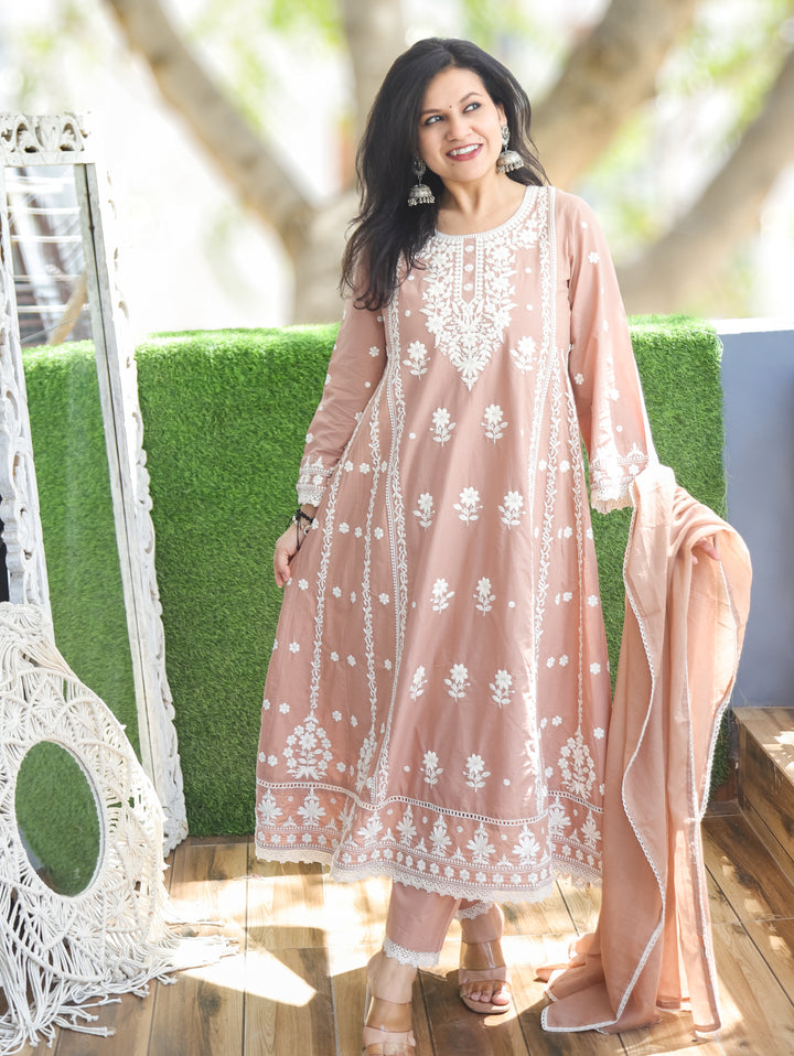 Lyra Toffee Tan Chikankari Anarkali 3 Piece Set