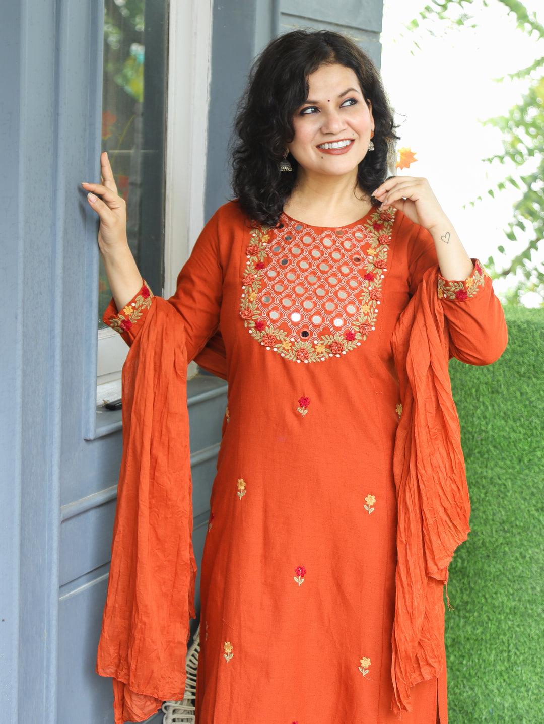 Kaveri Burnt Rust Mirror Work Yoke Cotton 3 Piece Set