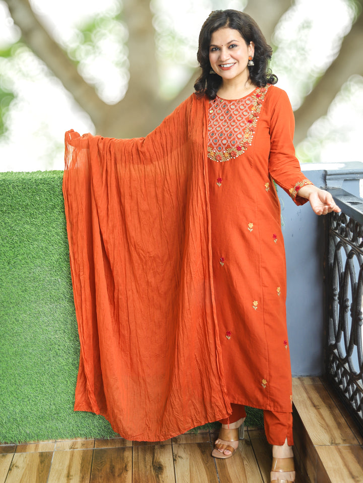 Kaveri Burnt Rust Mirror Work Yoke Cotton 3 Piece Set