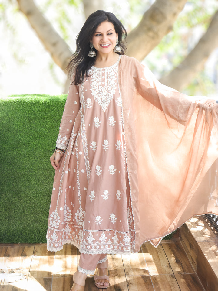 Lyra Toffee Tan Chikankari Anarkali 3 Piece Set