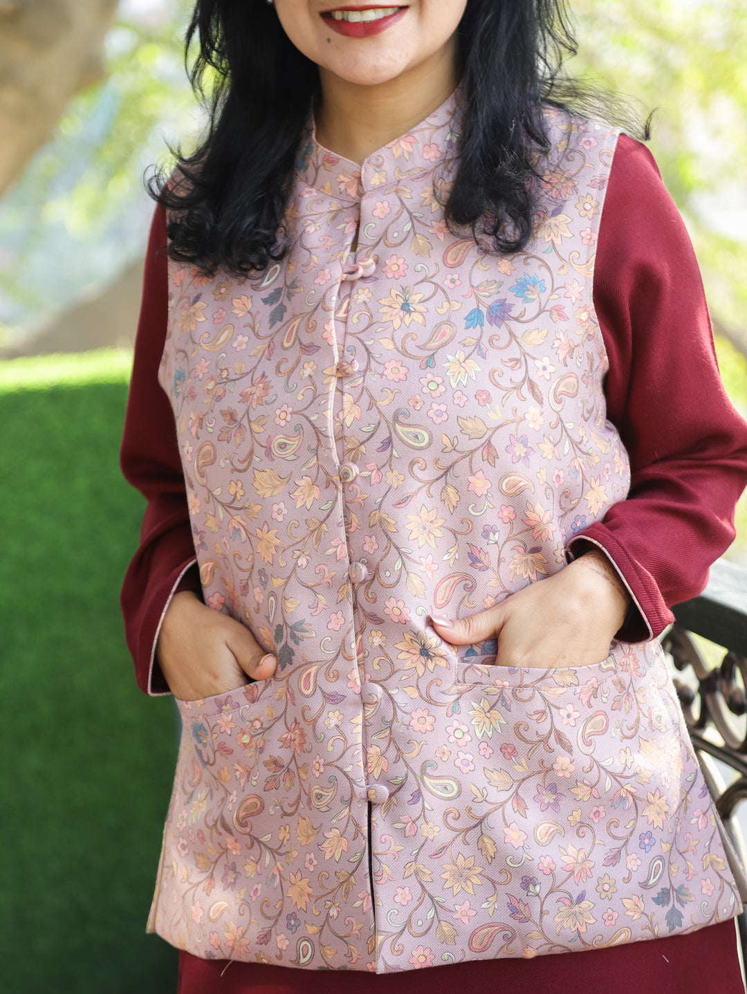 Saanvi Soft Lilac Kanni Printed Semi Pashmina Jacket with Pocket