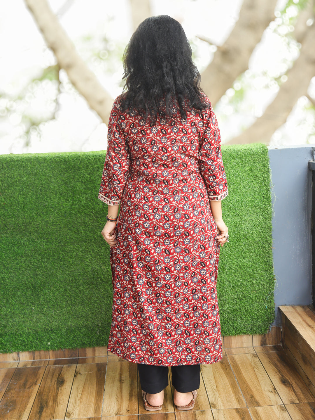 Malini Cheryy Red Angrakha Neck with Knot Kalamkari Print Cotton Kurti