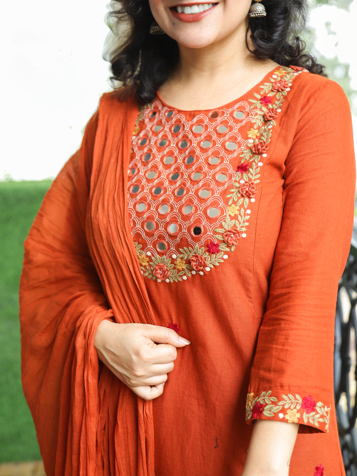 Kaveri Burnt Rust Mirror Work Yoke Cotton 3 Piece Set