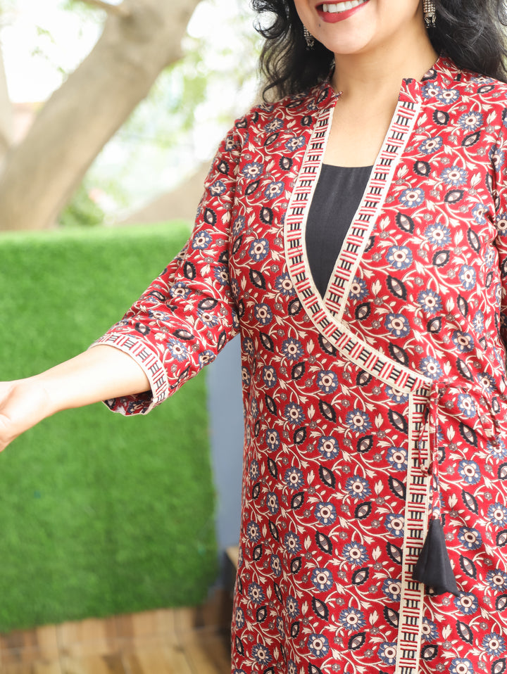Malini Cheryy Red Angrakha Neck with Knot Kalamkari Print Cotton Kurti