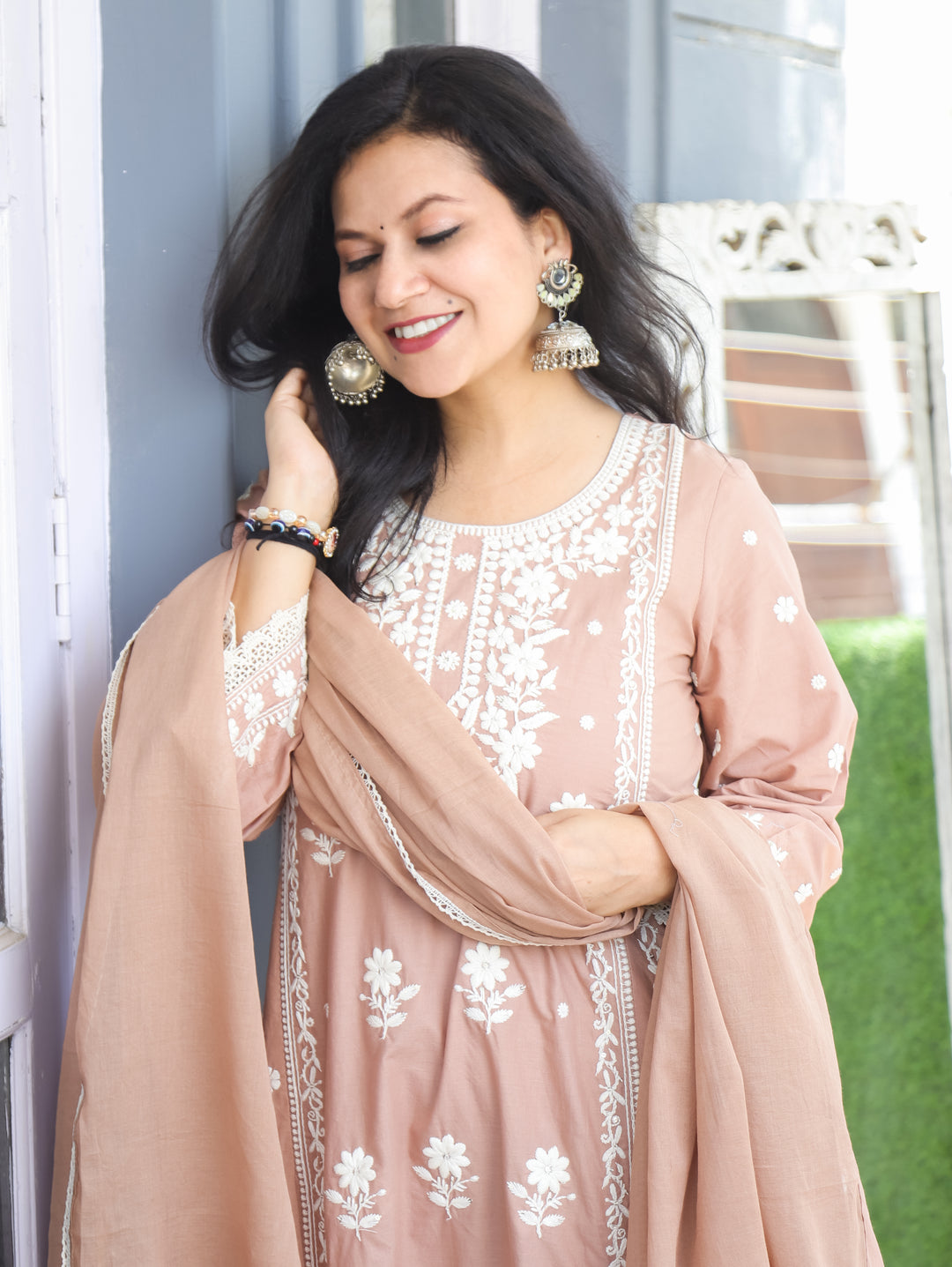 Lyra Toffee Tan Chikankari Anarkali 3 Piece Set