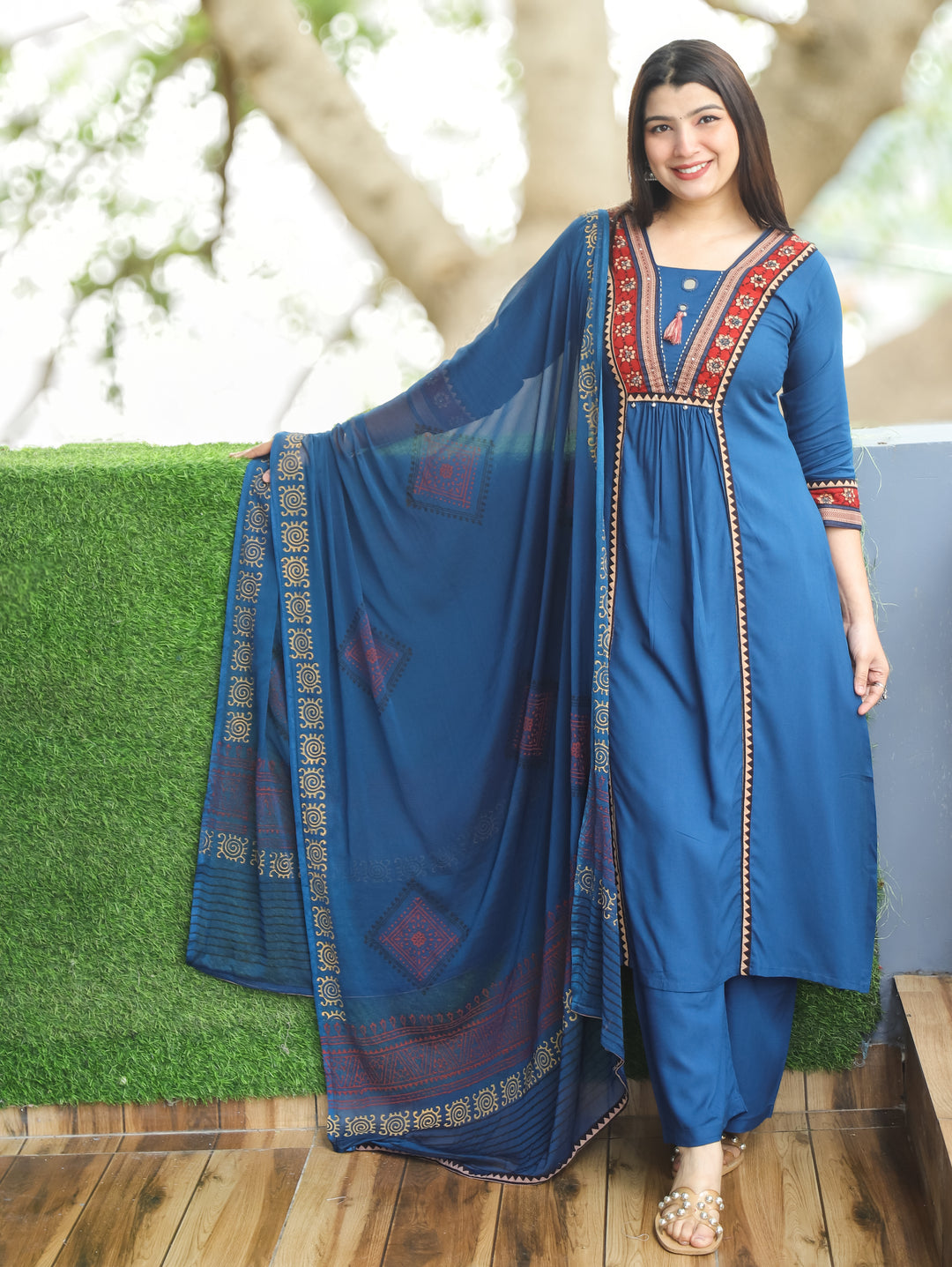 Madhurima Royal Blue Mirror Work with Front Gathered Panel Style Cotton 3 Piece Set