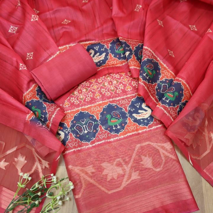 Bahaar Cherry Red Ikkat Style Print with Zari Detailing Korean Tussar Chanderi Set