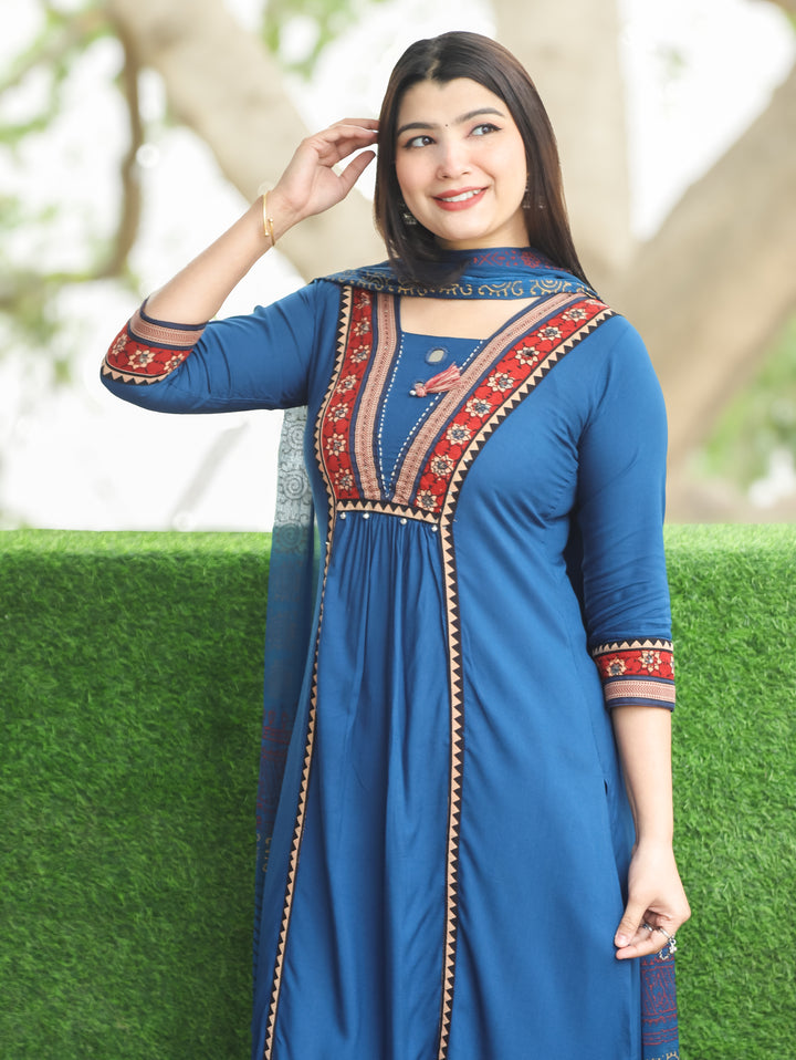 Madhurima Royal Blue Mirror Work with Front Gathered Panel Style Cotton 3 Piece Set