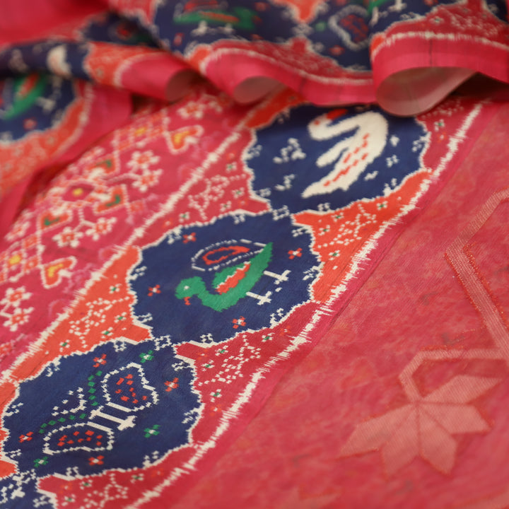 Bahaar Cherry Red Ikkat Style Print with Zari Detailing Korean Tussar Chanderi Set