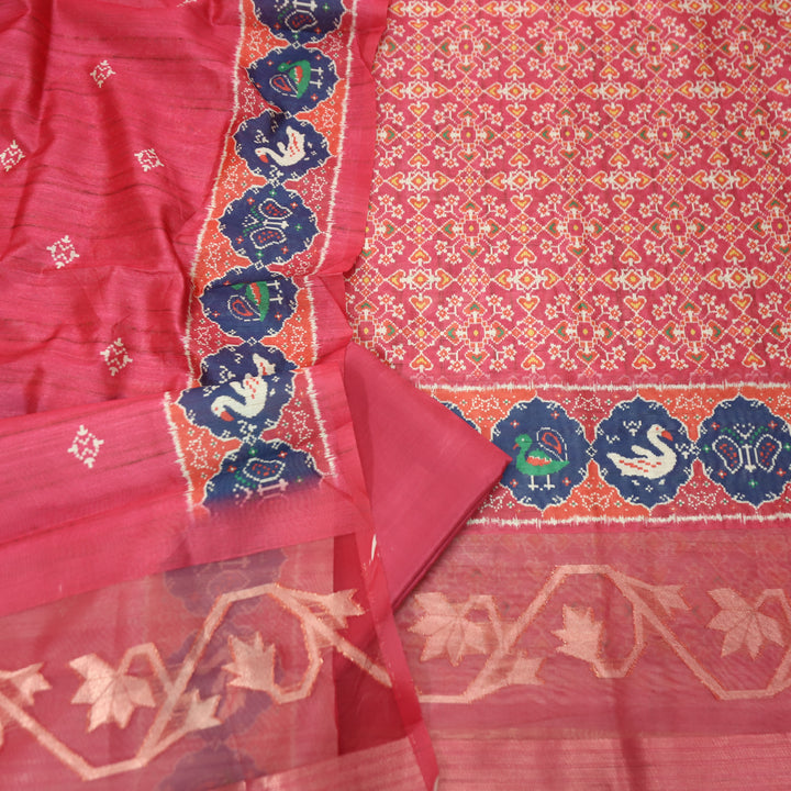 Bahaar Cherry Red Ikkat Style Print with Zari Detailing Korean Tussar Chanderi Set